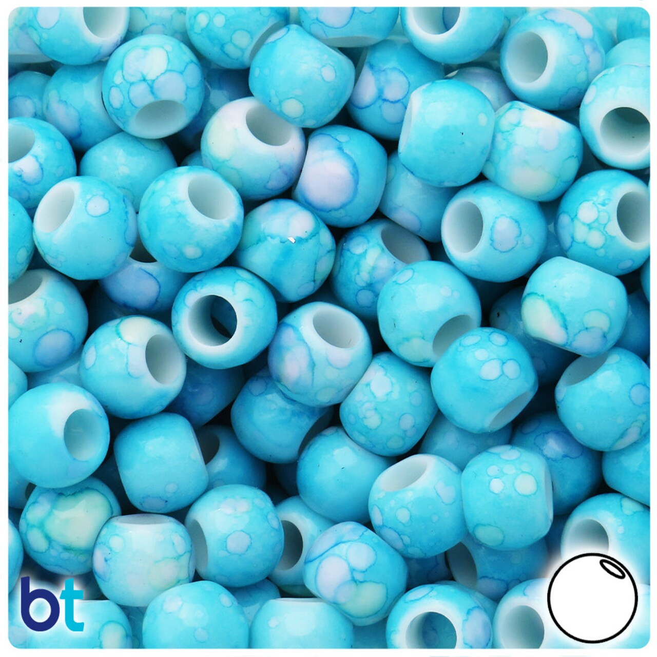 BeadTin Blue Marbled 12mm Round Large Hole Plastic Pony Beads (75pcs)